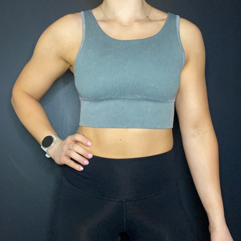 Gray Ribbed High Impact Sports Bra